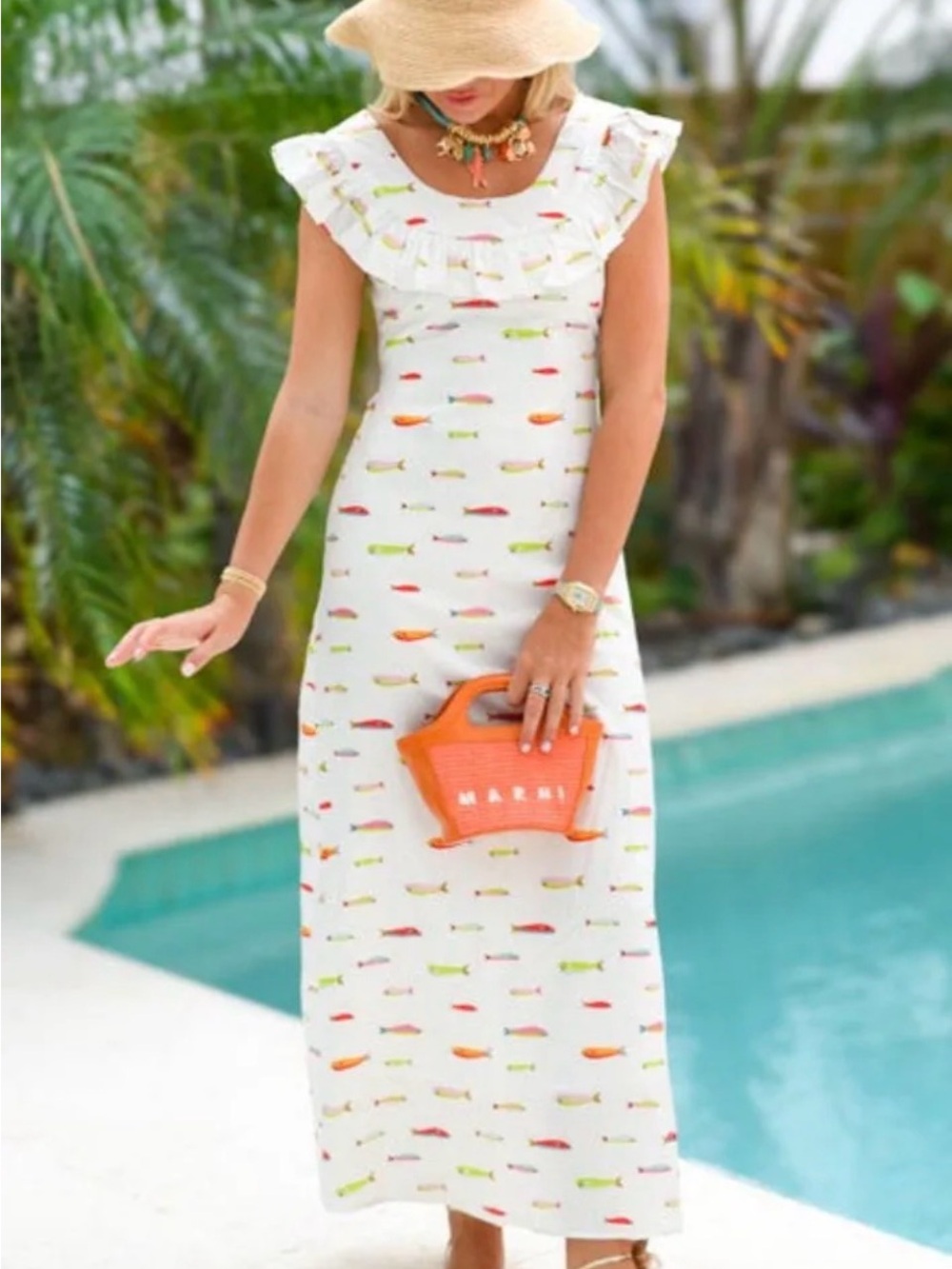 ISO FANCY BOUTIQUE White Ruffle Maxi Dress with Colorful Fish Print